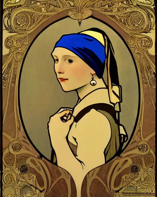 Image similar to A Girl with a pearl earring by Alphonse Mucha, detailed,Art Nouveau, Neo-Gothic, gothic, rich deep moody colors background.