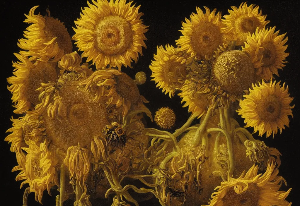 Prompt: dutch golden age bizarre sunflower portrait made from flower floral still life with many perceptive eyes very detailed fungus disturbing fractal forms sprouting up everywhere by rachel ruysch black background chiaroscuro dramatic lighting perfect composition high definition 8 k 1 0 8 0 p oil painting with black background by christian rex van dali todd schorr of a chiaroscuro portrait recursive masterpiece
