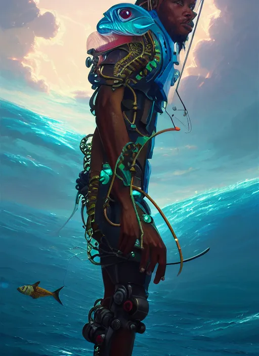 Image similar to portrait of a jamaican fisherman sci - fi glowing fishing armor muscular cyberpunk intricate elegant highly detailed digital painting artstation concept art, ocean fish background, greg rutkowski, loish, rhads, ferdinand knab, makoto shinkai and lois van baarle, ilya kuvshinov, rossdraws, tom bagshaw