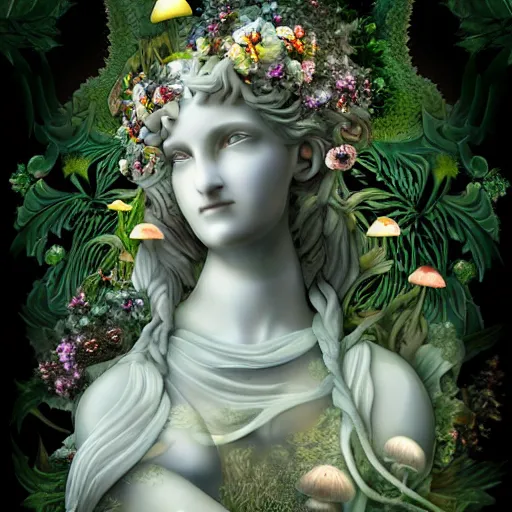 Image similar to an idealistic marble statue with fractal flowery hair in a fractal garden, glowing delicate flower and mushrooms that grow in a dark fatansy forest on the planet Pandora,, symmetrical,