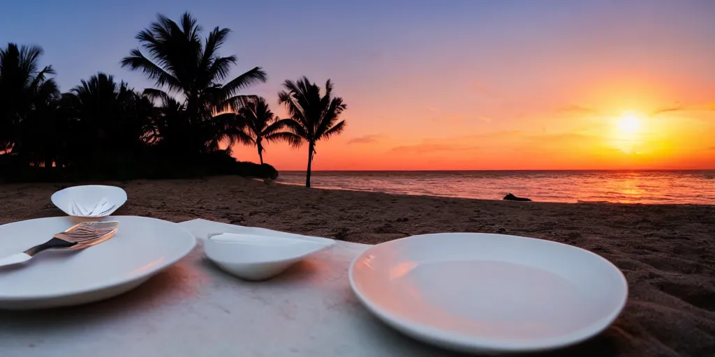 Image similar to professional photo of an empty white dish over a table with a sunset on the beach in the background