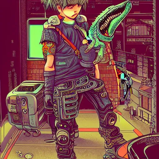 Image similar to intricate detailed color manga style illustration of a cyborg punk street kid with a pet dinosaur, cyberpunk