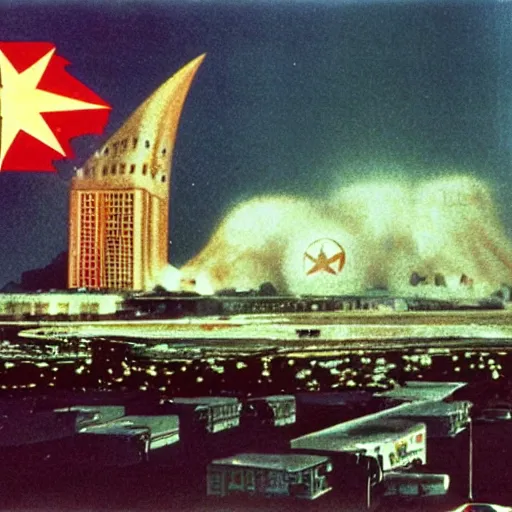 Image similar to Pulgasari the North Korean starfish monster destroying Pyongyang city, volumetric lighting, filmstill, produced by Kim Jong-il, Kodachrome, kaiju-eiga, monster movie, communist propaganda, film noir, 35mm film grain, Cooke Varotal 20-100mm T3.1, in the style of Ishirō Honda and Stanley Kubrick