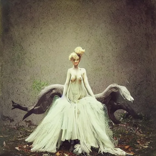 Image similar to damaged kodak portra 4 0 0, wetplate, photo of a surreal artsy dream scene,, very beautiful model, weird fashion, grotesque, extravagant dress, strange pose, carneval, with an animal, wtf, photographed by paolo roversi style