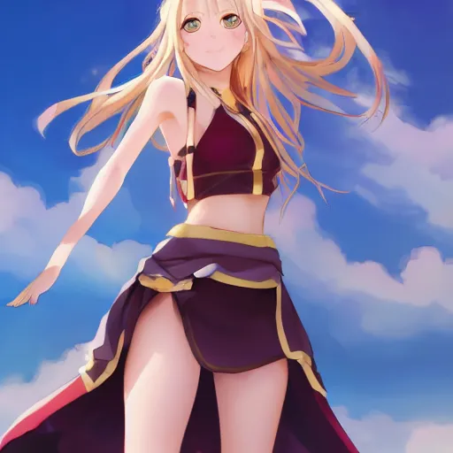 Image similar to a very beautiful young megumin, full body, long wavy blond hair, sky blue eyes, full round face,, bikini, miniskirt, front view, mid - shot, highly detailed, cinematic wallpaper by stanley artgerm lau