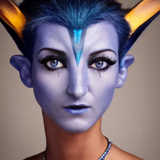 Prompt: close up headshot of a female navi from Avatar, blue skin, cosplay, photoshoot, studio lighting, photograpy by Bruce Weber
