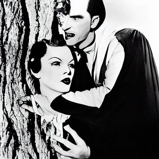 Prompt: 1 9 3 9 technicolor movie still of vampire under a big tree in the sunset, biting scarlet o'hara's neck as she swoons. he is wearing a black cape with a high collar and he is pale.