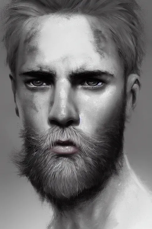 Image similar to blonde wild hair beard man, black eye - patch, close - up portrait, plain white tshirt, powerfull, intricate, elegant, volumetric lighting, scenery, digital painting, highly detailed, artstation, sharp focus, illustration, concept art, ruan jia, steve mccurry