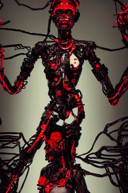 Image similar to full-body cyberpunk style sculpture of a young beautiful dark priestess, half android with a head opening exposing circuitry, glowing red eyes, black roses, flowing blood red colored silk fabric. baroque elements, candles, human skull, crows flying in background. full-length view. baroque element. intricate artwork by Caravaggio. Trending on artstation, octane render, cinematic lighting from the right, hyper realism, octane render, 8k, depth of field, 3D