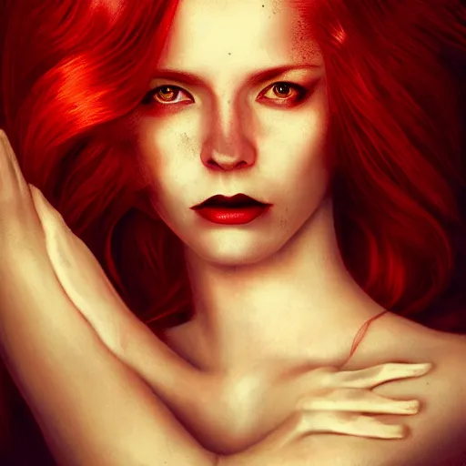 Image similar to majestic gracious regal aristocratic female red haired vampire portrait, atmospheric lighting, painted, curvy, menacing, intricate, volumetric lighting, beautiful, rich deep colours masterpiece, golden hour, sharp focus, ultra detailed, by leesha hannigan, ross tran, thierry doizon, kai carpenter, ignacio fernandez rios