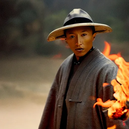 Image similar to cinematic film still Pharrell Williams starring as a Samurai holding fire, Japanese CGI, VFX, 2003, 40mm lens, shallow depth of field,film photography