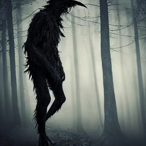 Image similar to werecreature consisting of a crow and a human, featured on artstation, photograph captured in a dark forest