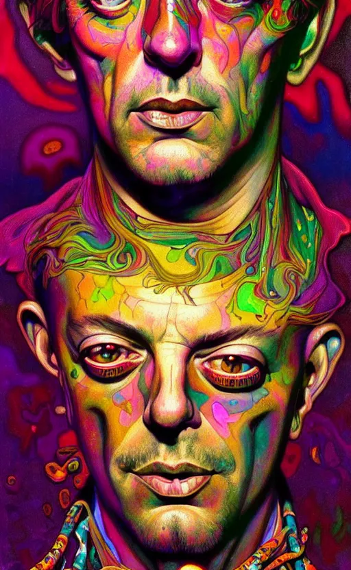 Image similar to An extremely psychedelic portrait of larry harvey, colorful, surreal, dramatic lighting, magic mushrooms, psilocybin, LSD, face, detailed, intricate, elegant, highly detailed, digital painting, artstation, concept art, smooth, sharp focus, illustration, art by Krenz Cushart and Artem Demura and alphonse mucha