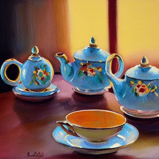 Image similar to a painting of a tea set on a table, a still life by marshall arisman, artstation contest winner, american scene painting, rim light, rich color palette, oil on canvas