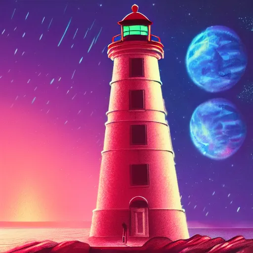 Image similar to lighthouse in the moon, epic retrowave art, trending on art station