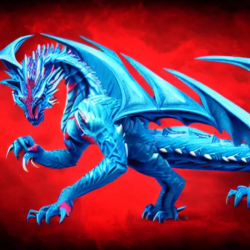 Image similar to a majestic dragon with azure blue eyes, iron claws, golden wings and scarlet red skin, hd, 4k, trending on artstation, award winning, 8k, 4k, 4k, very very very detailed, high quality pixel art