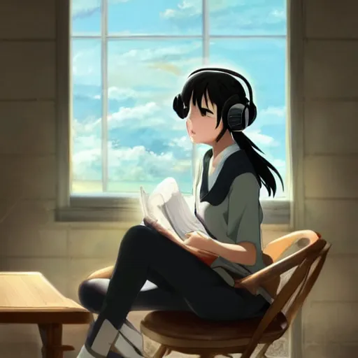 Image similar to Anime painting of a black haired girl wearing headphones while studying in her warm cozy home, by makoto shinkai, relaxed, calm, atmospheric, peacefull, trending on artstation, kimi no na wa