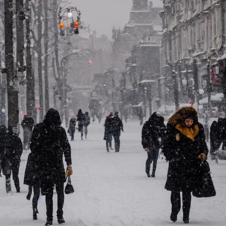 Prompt: photo of people on the snowy Moscow streets, high details, 70mm