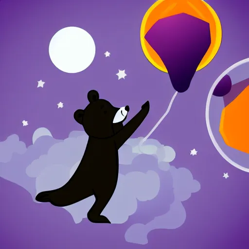 Image similar to cartoon illustration of a bear mascot being launched from a futuristic marble planet, purple and orange cloudland