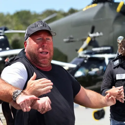 Prompt: alex jones being menaced by black helicopters