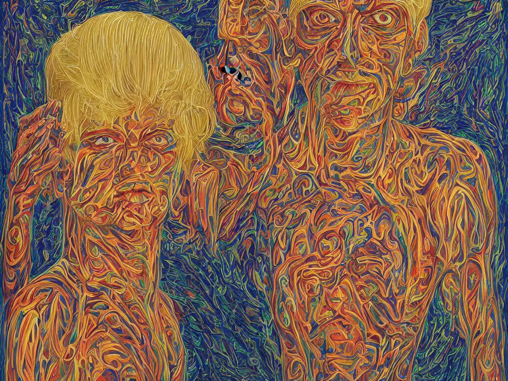 Image similar to portrait of a blonde man in slavic squat. painting by alex grey