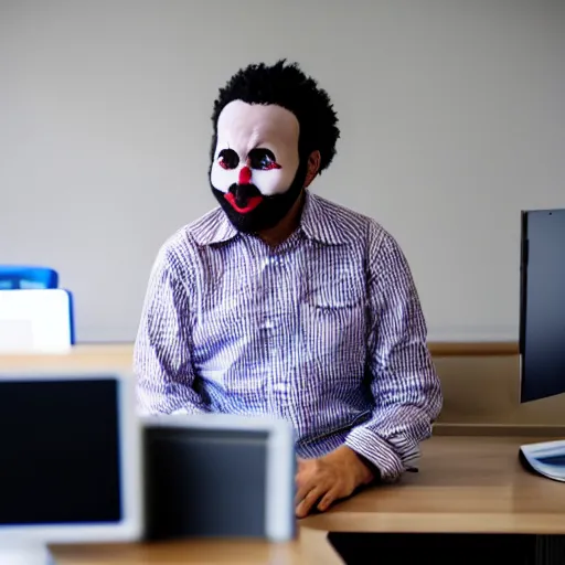 Prompt: a software developer sitting in front of a computer, dressed as a clown