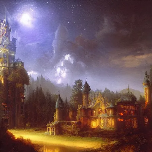 Image similar to a renaissance castle in a forest with a glowing night sky, upward angle, by ruan jia