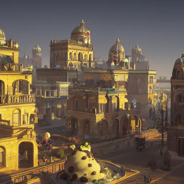 Prompt: bright colonial fantasy city with georgian architecture, giant ice cream mountain range in the background, dark cinematic, volumetric, realistic, cinematic lighting, ray tracing, unreal engine 5, unreal engine render, octane render, hyper realistic, photo, 8 k