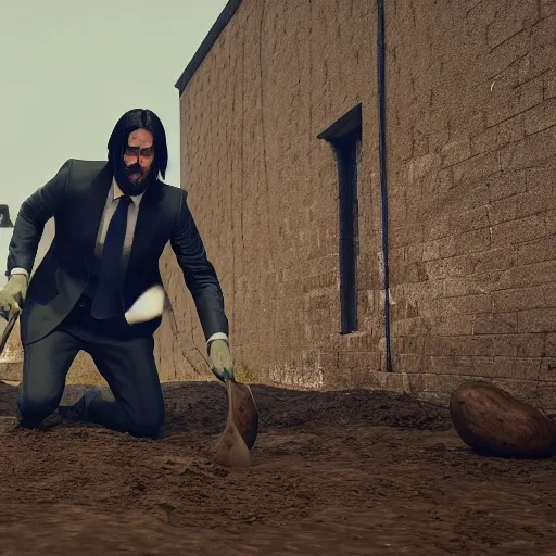 Image similar to john wick digging potatoes in belarus, instagram photo, photorealistic, hyper detailed, hyper realistic, houdini, vfx, unreal engine 5, octane render, 8 k