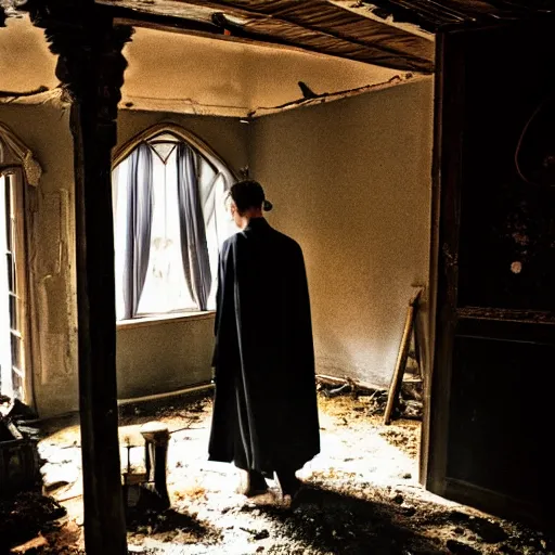 Image similar to the magician with a black robe inside a abandoned house, shadows, lurker, ghibli style