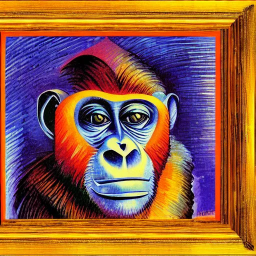 Image similar to cubo - futurism art portrait of an ape monkey by umberto boccioni, futuristic very abstract style, color painting