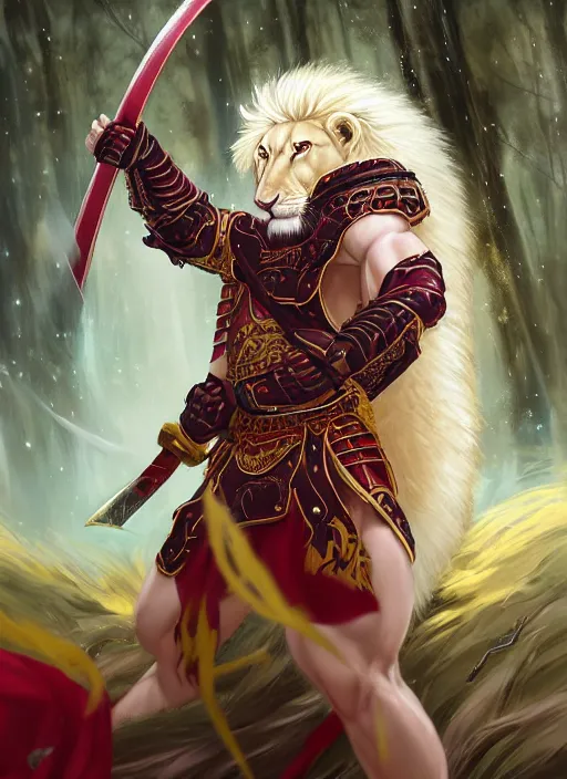 Prompt: aesthetic portrait commission of a of a male fully furry muscular anthro albino lion holding a golden katana and wearing shiny and wet heavy red and gold royal samurai full armor in a Japanese forest while storming, cinematic epic shot. Character design by charlie bowater, ross tran, artgerm, and makoto shinkai, detailed, inked, western comic book art, 2021 award winning film poster painting