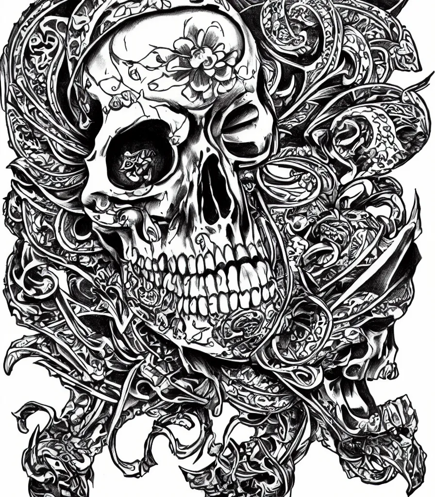 Image similar to highly detailed skull, Japanese ornament, tattoo ink sketch, isolated on white background