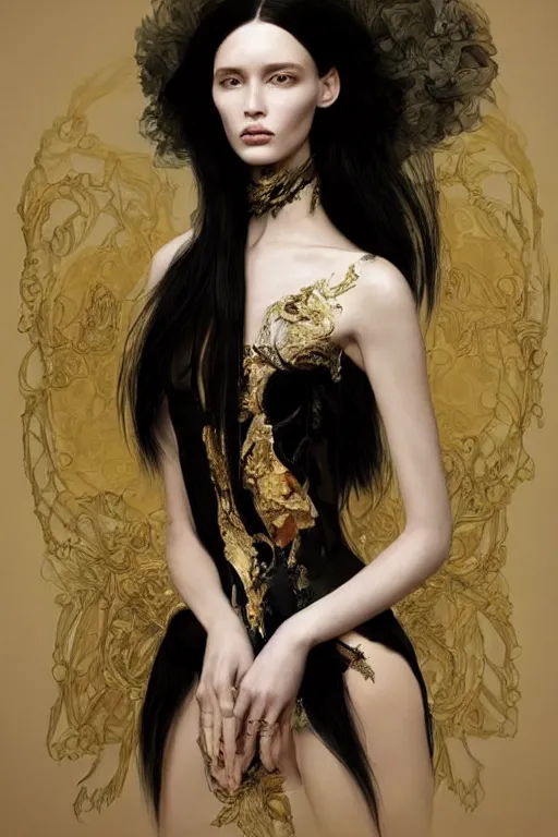 Prompt: beautiful model with long black hair wearing epic haute couture by Alexander McQueen, extremely beautiful and proportionate face, in the aesthetic of mert and marcus, masterpiece, intricate, elegant wardrobe, highly detailed, digital painting, artstation, concept art, smooth, sharp focus, illustration, art by artgerm and james jean and greg rutkowski and alphonse mucha