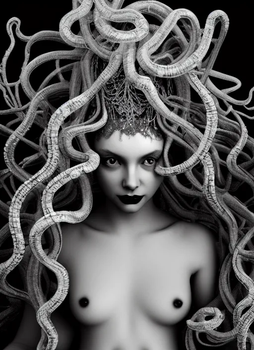 Image similar to surreal mythical dreamy dark artistic black and white fine art photo of a beautiful young female medusa - mermaid - cyborg covered with translucent algae, highly detailed, intricate crystal ivy jelly fish scales ornate, lace web, poetic, octane render, 8 k, photo - realistic, by horst p. horst