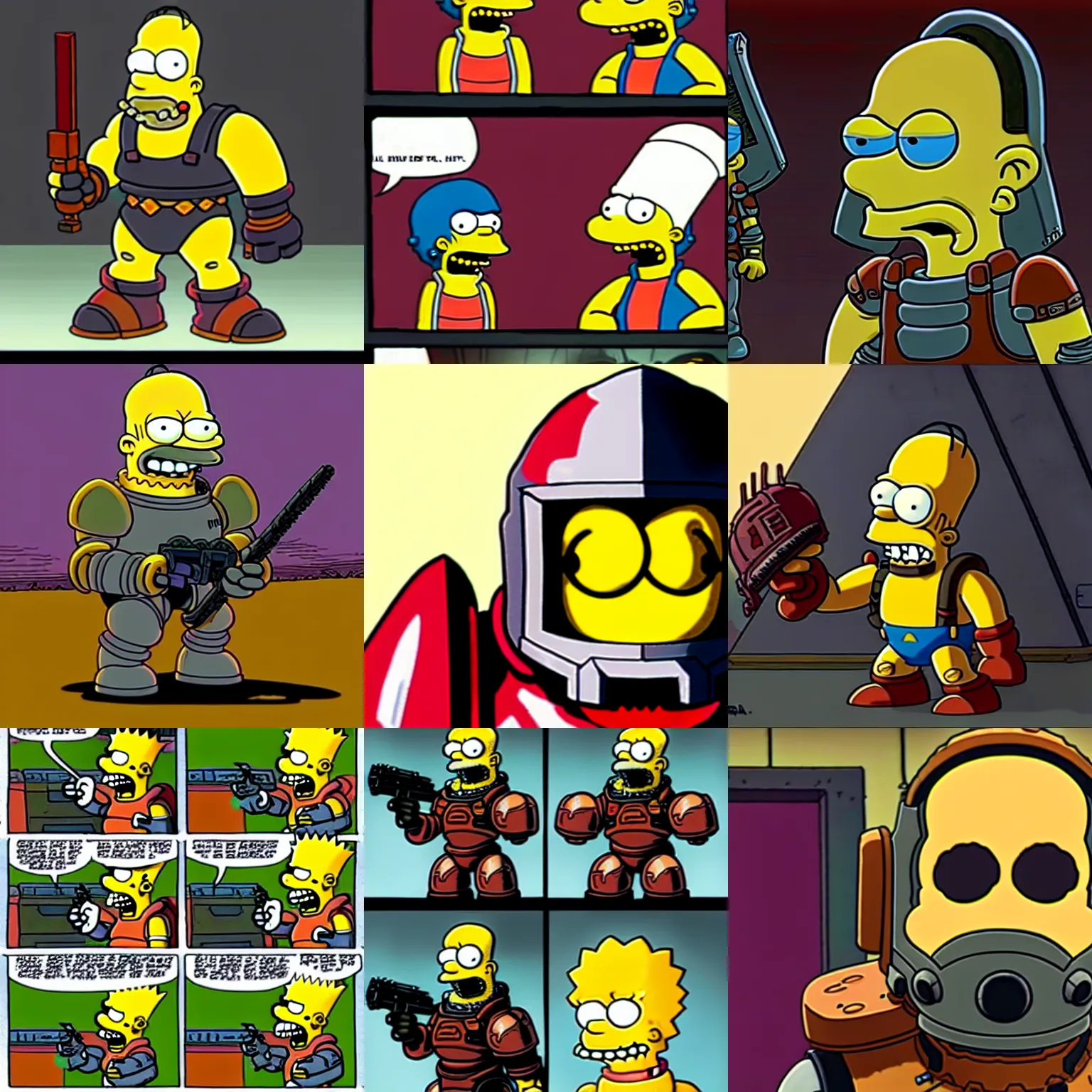 Prompt: doom slayer wearing helmet and armor guest starring on the simpsons, matt groening style