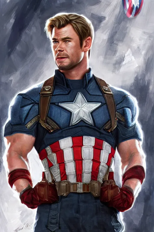 Image similar to chris hemsworth as captain america, highly detailed character in digital fantasy, painted portrait, artstation, concept art, hard focus, illustrations, works by artgerm and greg rutkowski, alphonse mucha and craig mullins, james gene, andrey ryabovichev, mark simonetti and peter morbacher, 1 6 thousand