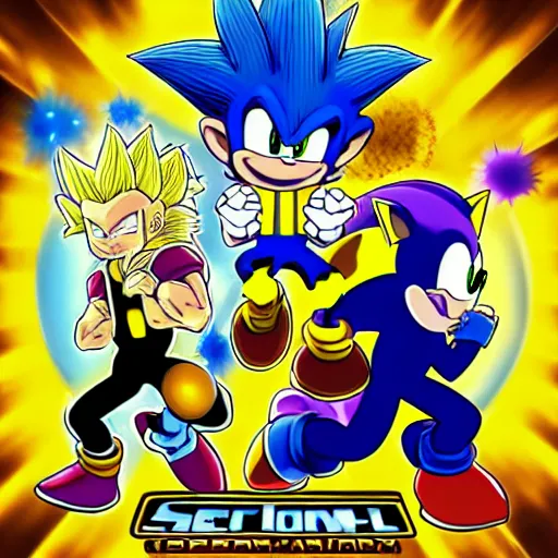 Prompt: videogame cover art of a yellow super sayan gorilla collecting purple golden rings, like sonic the hedgehog