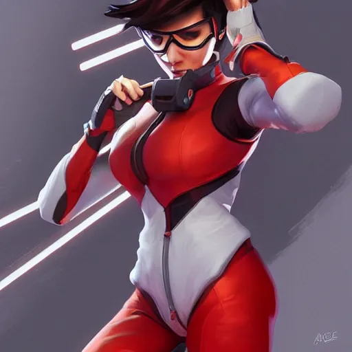 Image similar to tracer from overwatch wearing a red mechanics jumpsuit, intricate, elegant, highly detailed, digital painting, artstation, concept art, smooth, sharp focus, illustration, art by artgerm and greg rutkowski and alphonse mucha, 8 k