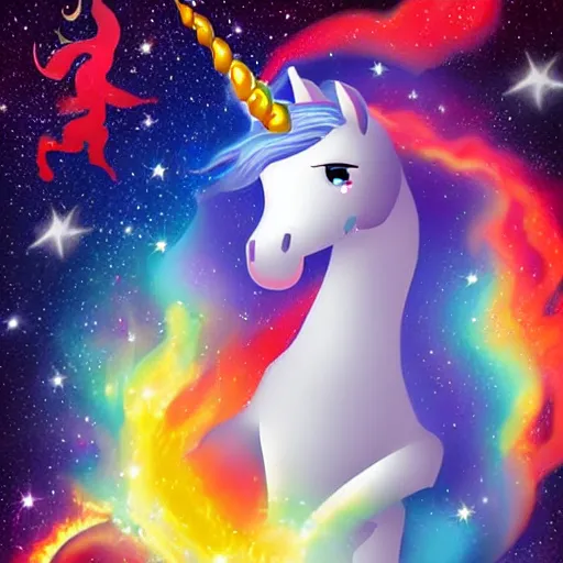 Image similar to unicorn on fire in space