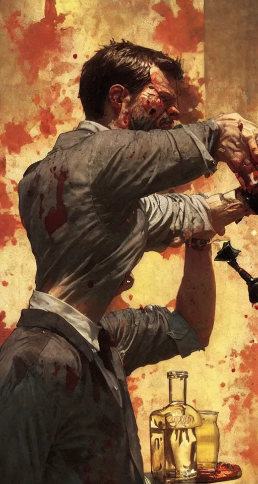 Image similar to close up of bloodied max payne pouring a drink, sun shining, photo realistic illustration by greg rutkowski, thomas kindkade, alphonse mucha, loish, norman rockwell.