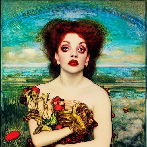 Prompt: portrait of a hybrid of judy garland and lady gaga, holman hunt, john william waterhouse, kilian eng, rosetti, john everett millais, william holman hunt, 4 k