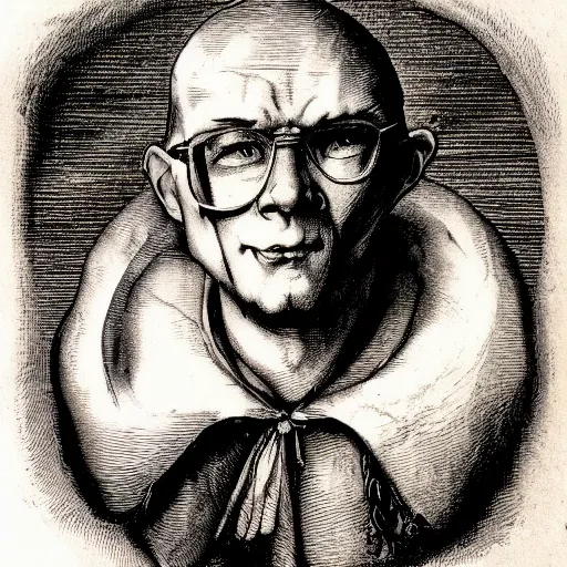 Image similar to Portrait Hank Hill Vampire Plumber anato finnstark jacques callot albrecht durer john flaxman gustav dore engraved ink stamp aquatint etching intaglio 4k artstation wikiart wikipedia