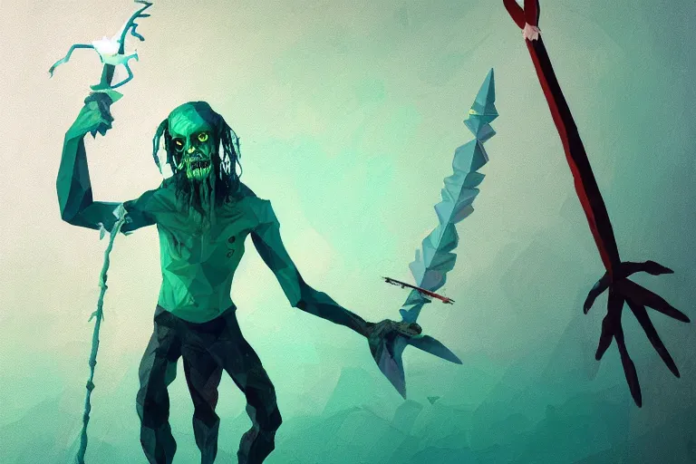 Image similar to low poly painting by greg rutkowski of a drowned zombie holding a trident with glowing cyan eyes, wearing ragged clothing, holding a trident, underwater, pastel green and blue color palette