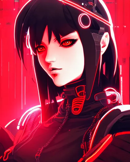 Image similar to a detailed potrait of a cyberpunk cyborg girl with black and red parts, perfect face, realistic shaded perfect face, detailed. night setting. very anime style. realistic shaded lighting poster by ilya kuvshinov katsuhiro, unreal engine, global illumination, radiant light, detailed and intricate environment