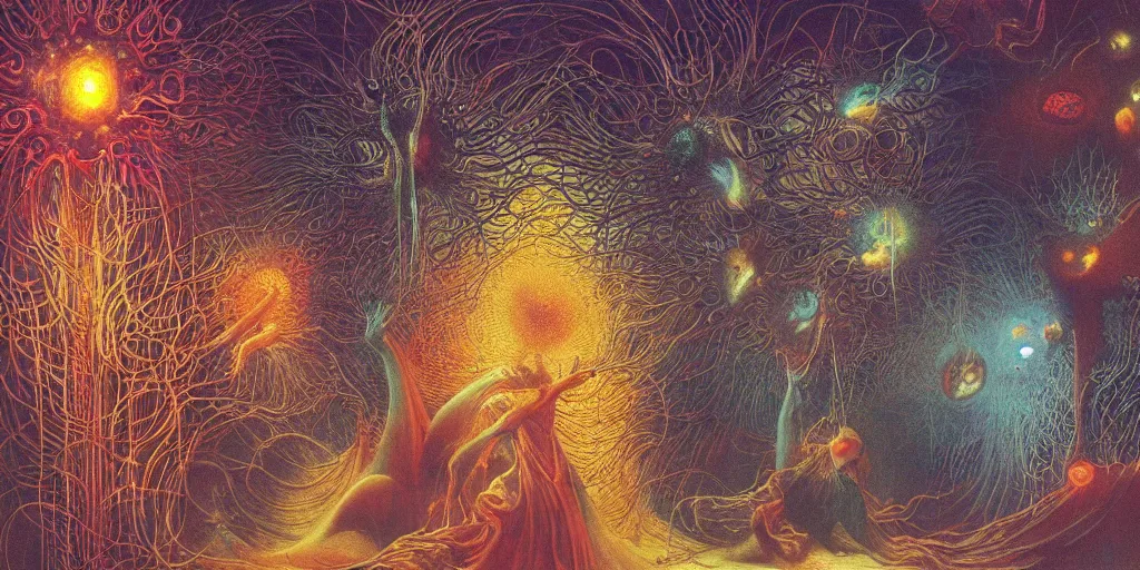 Image similar to a multiverse interpretation of a single scene with people, quantum physics, neon explosion of light, zdzislaw beksinski, by ernst haeckel, 8 k concept art, incredible masterpiece, anime illustration of a cinema, cinematic scene, viewers and directors, a futuristic theatre