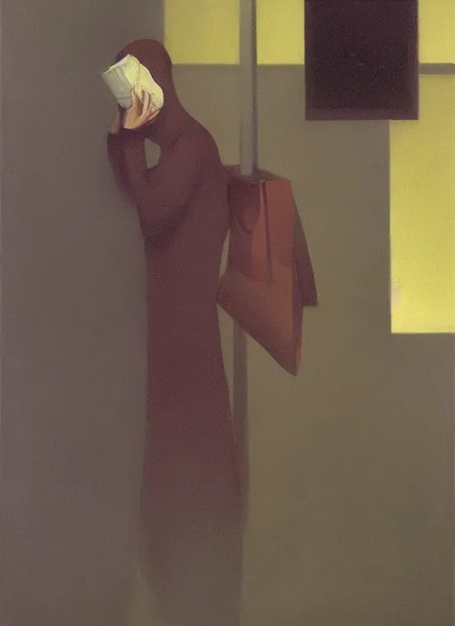 Image similar to woman with a paper bag over the head and a sward Edward Hopper and James Gilleard, Zdzislaw Beksinski, Steven Outram highly detailed