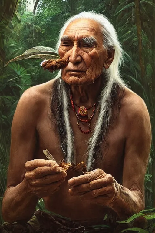 Prompt: a beautiful portrait of chief dan george taking tobacco snuff in the jungle, hyper realistic face, fantasy art, in the style of greg rutkowski, intricate, hyper detailed, smooth