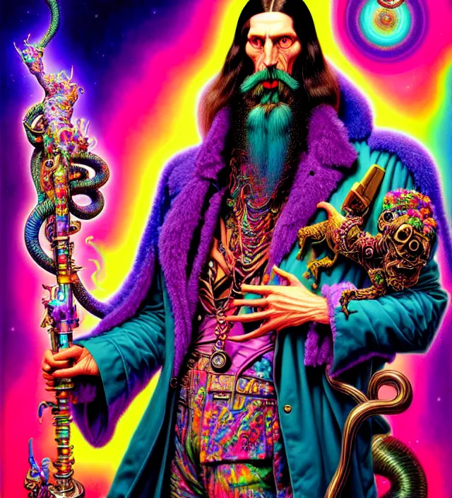 Image similar to lisa frank pattern fantasy character portrait of rasputin, ultra realistic, wide angle, intricate details, blade runner artifacts, highly detailed by peter mohrbacher, wayne barlowe, boris vallejo, hajime sorayama aaron horkey, gaston bussiere, craig mullins