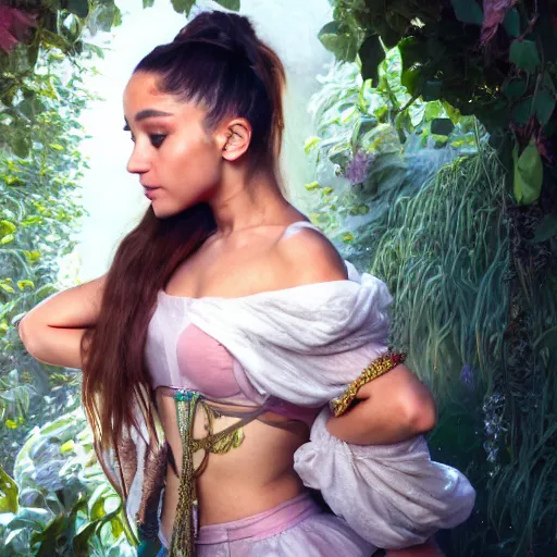 Image similar to painting of ariana grande, ultra realistic, concept art, intricate details, yoga pose, highly detailed, photorealistic, octane render, 8 k, by james gurney and alphonse mucha